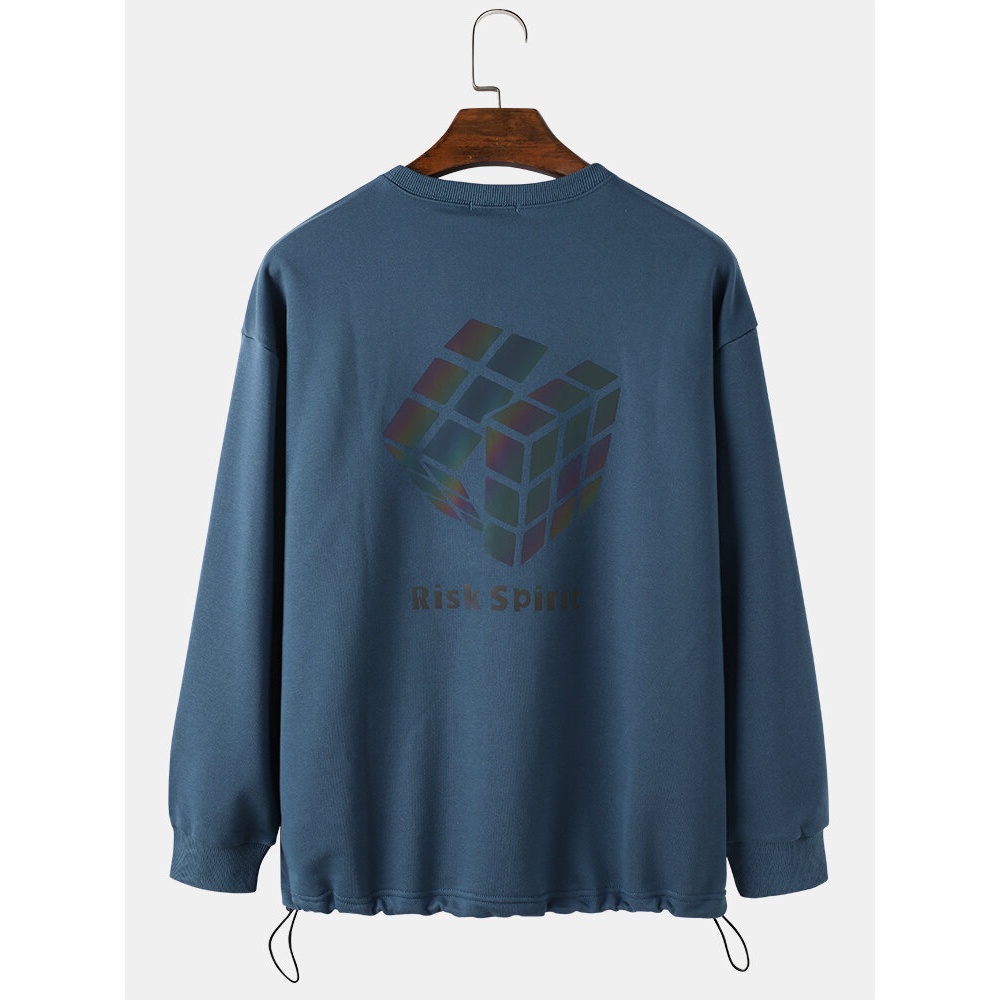 Mens Letter & Reflective Cube Print Bodycon Hem Cotton Casual Sweatshirts - Blue S