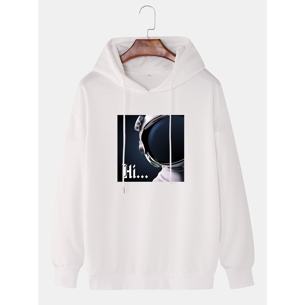 Mens Hi Astronaut Print Long Sleeve Casual Drop Shoulder Hoodies - White XL