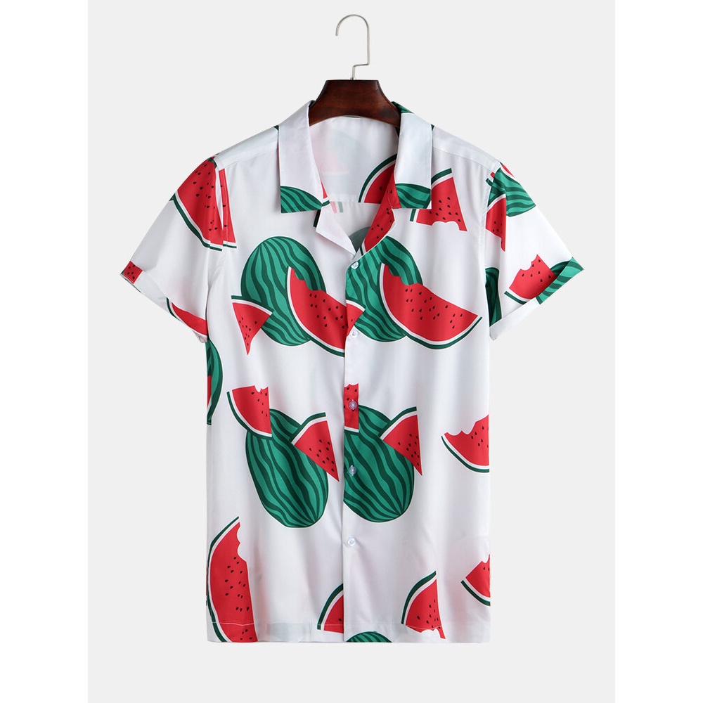 Men Watermelon Print Short Sleeve Hawaiian Revere Shirts - 3XL White