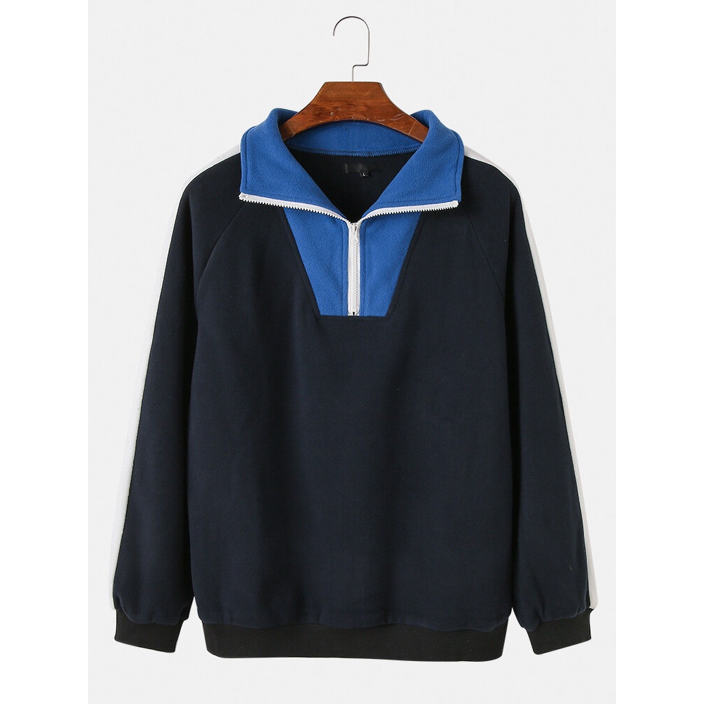 Mens Patchwork Zipper Front Pullover Raglan Sleeves Sweatshirts - Dark Grey L