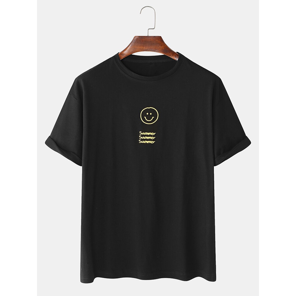 Mens Cartoon Smile Face Letter Print Cotton Loose Casual Short Sleeve T-Shirts - Black L