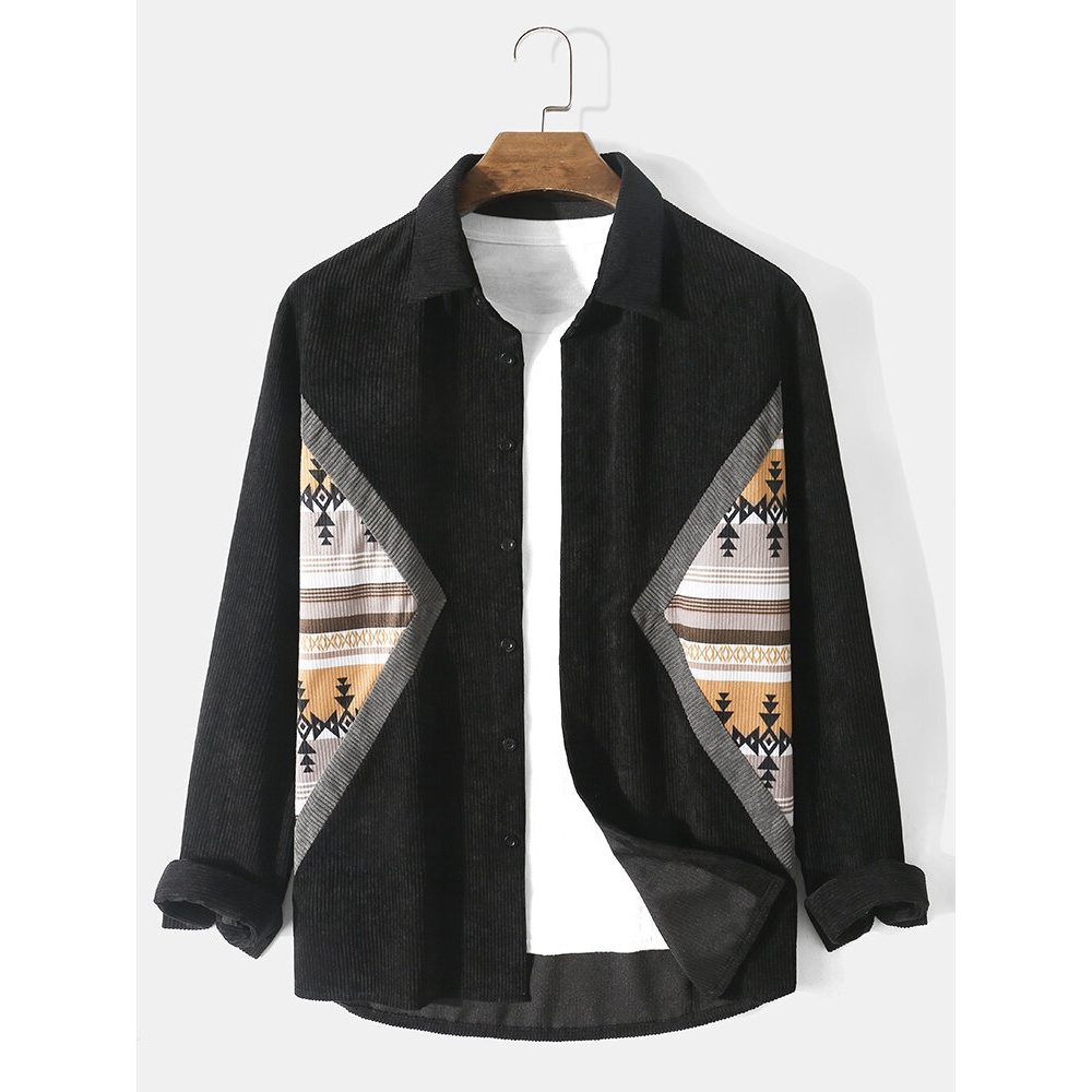Men Ethnic Printed Patchwork Lapel Collar Buttons Long Sleeve Casual Shirts - Black S