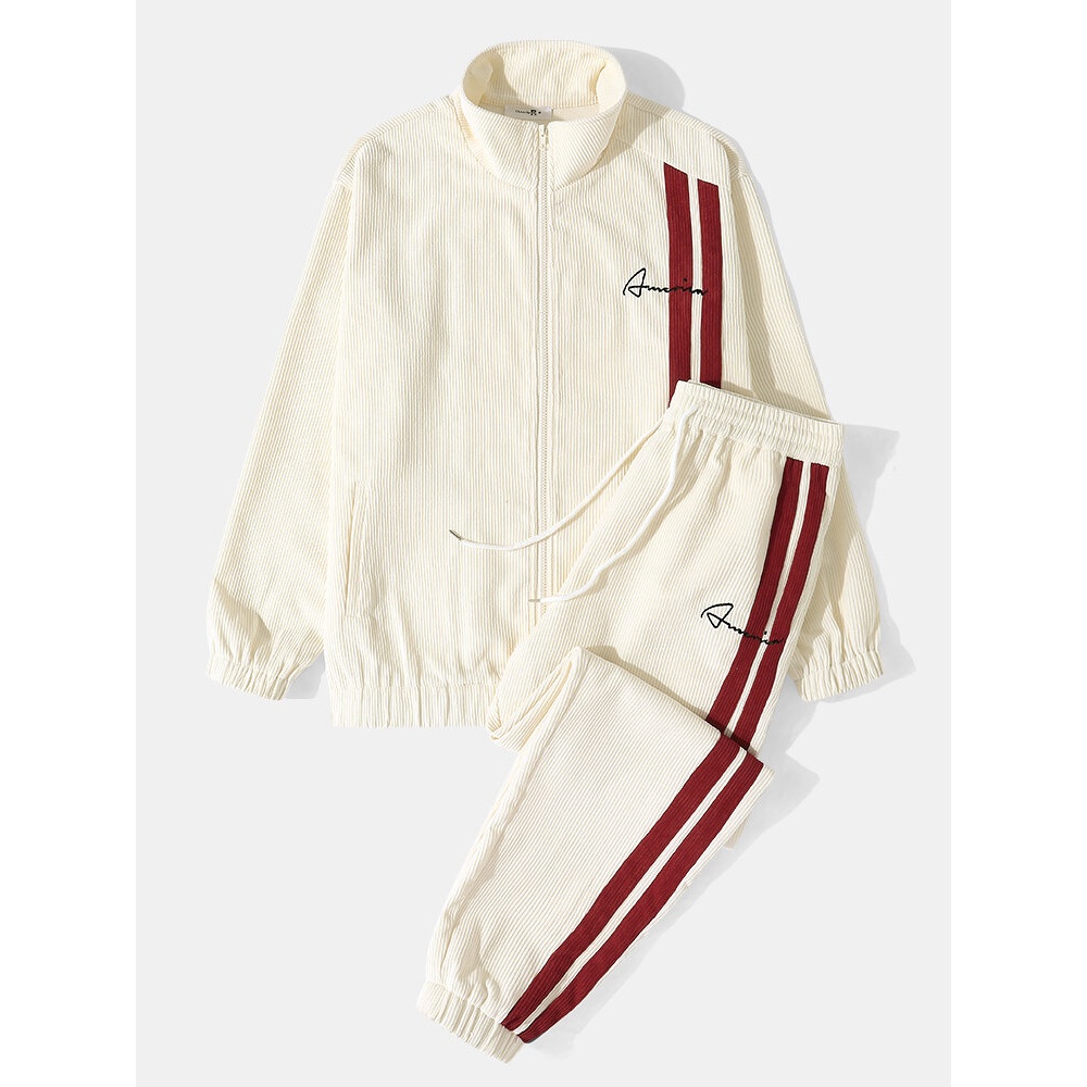 Men Corduroy Striped Contrast Color Block Zipper Casual Two Piece Suits - Apricot S