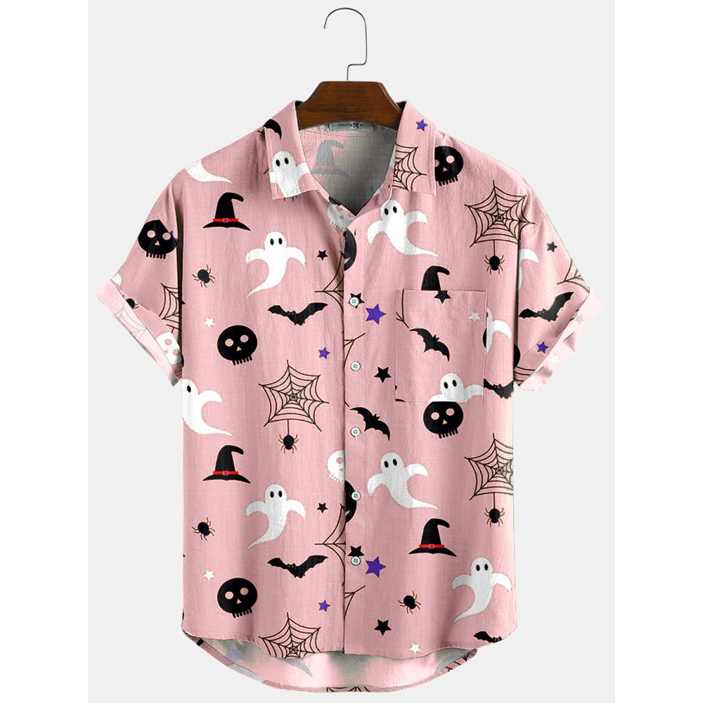 Cartoon Print Turn Down Collar Short Shirts - Pink S