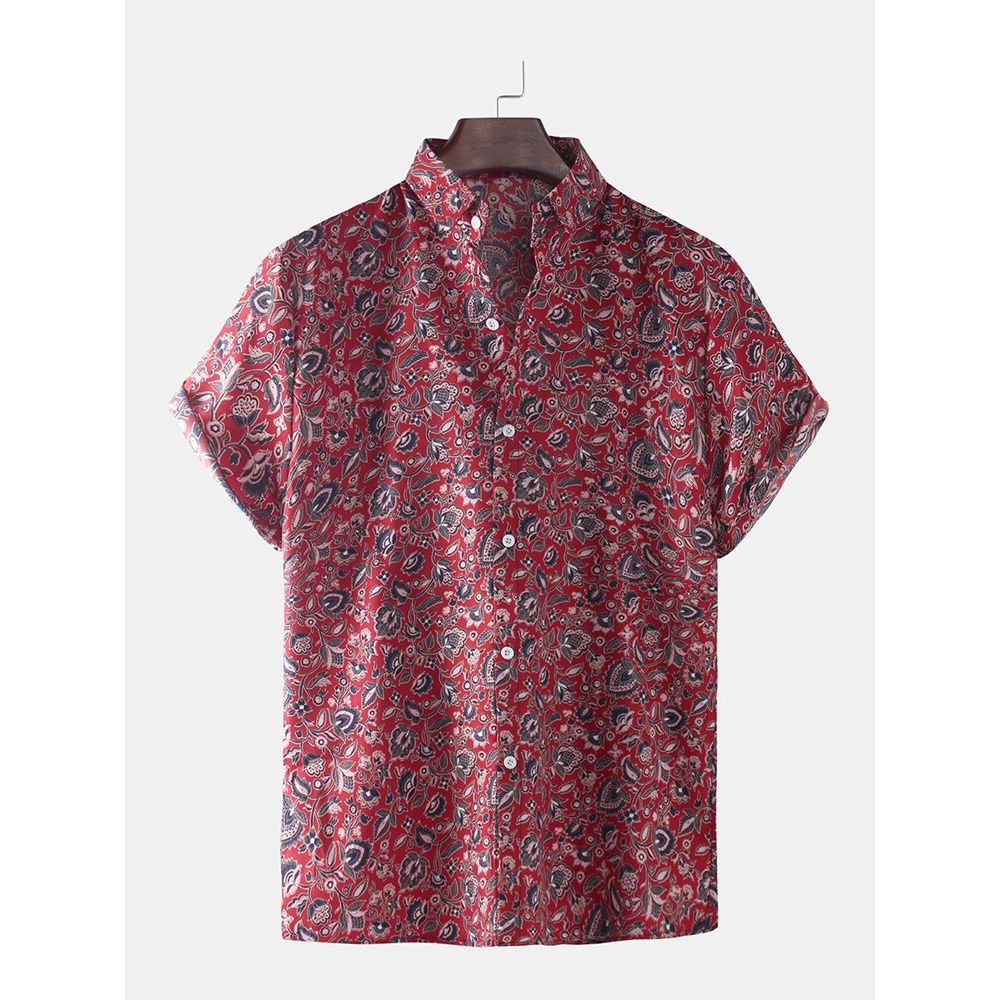 Mens Paisley Print Short Sleeve Fold Down Collar Casual Shirts - Black S