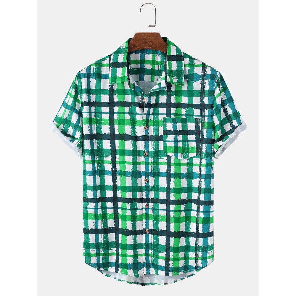 Mens Wave Srtipe Plaid Pocket Short Sleeve Shirt - Green S