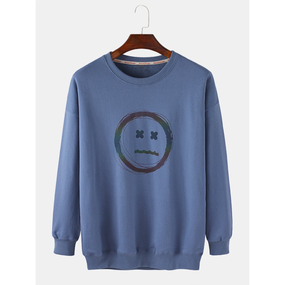 Mens Cotton Emojis Reflective Print Long Sleeve Drop Shoulder Sweatshirts - White M