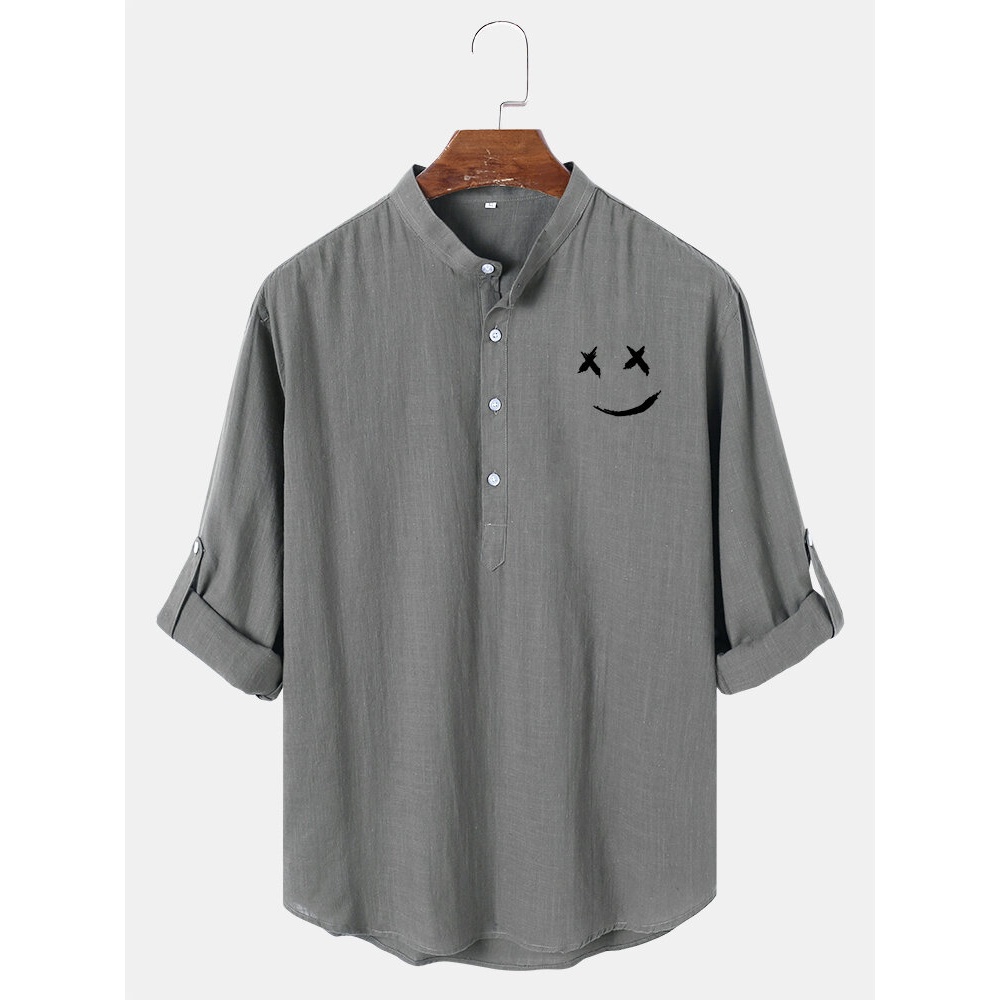 Mens Cotton Linen Long Sleeve Casual Henley Shirt - Black M