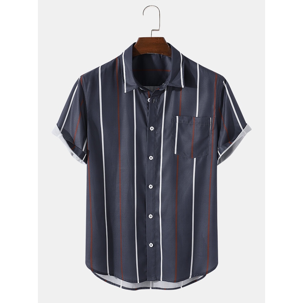 Mens Striped Curved Hem Short Sleeve Shirt With Pocket - Navy L