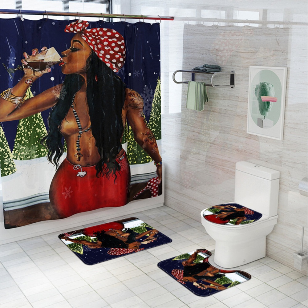 African Girl Printing Bathroom Shower Curtain Set Toilet Cover Mat Bathroom Non-Slip Mat Rug Kit - Type B