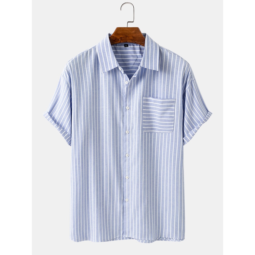 Mens Breathable Stripe Lapel Collar Pocket Short Sleeve Shirts - Lake Blue XL
