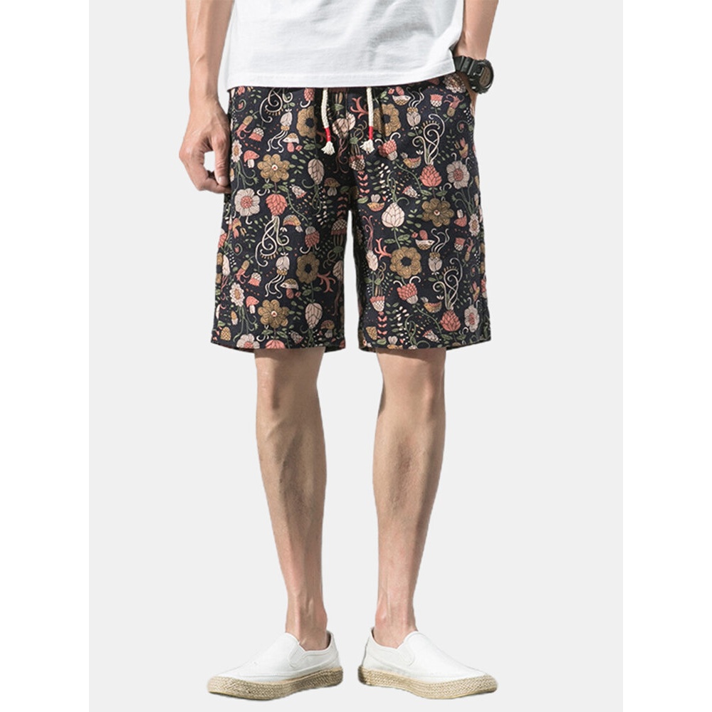Cotton Mens Floral Print Pocket Drawstring Casual Shorts - Colorful M