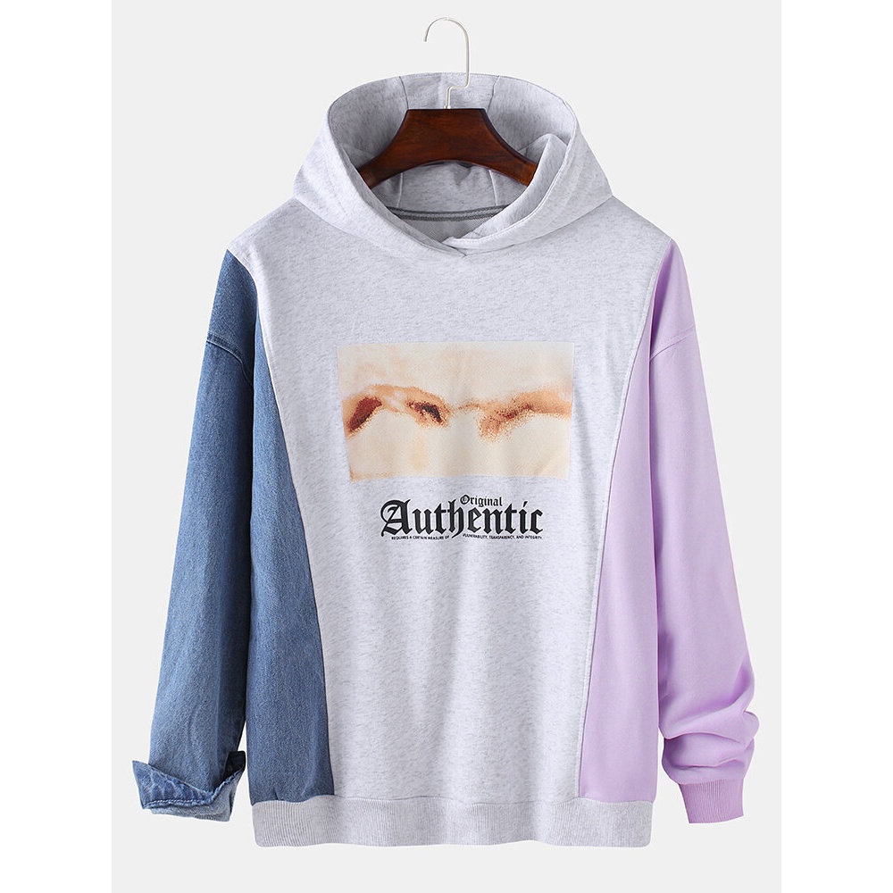 Mens Letter Print Pattern Side Patchwork Drop Shoulder Cotton Design Hoodies - Green M