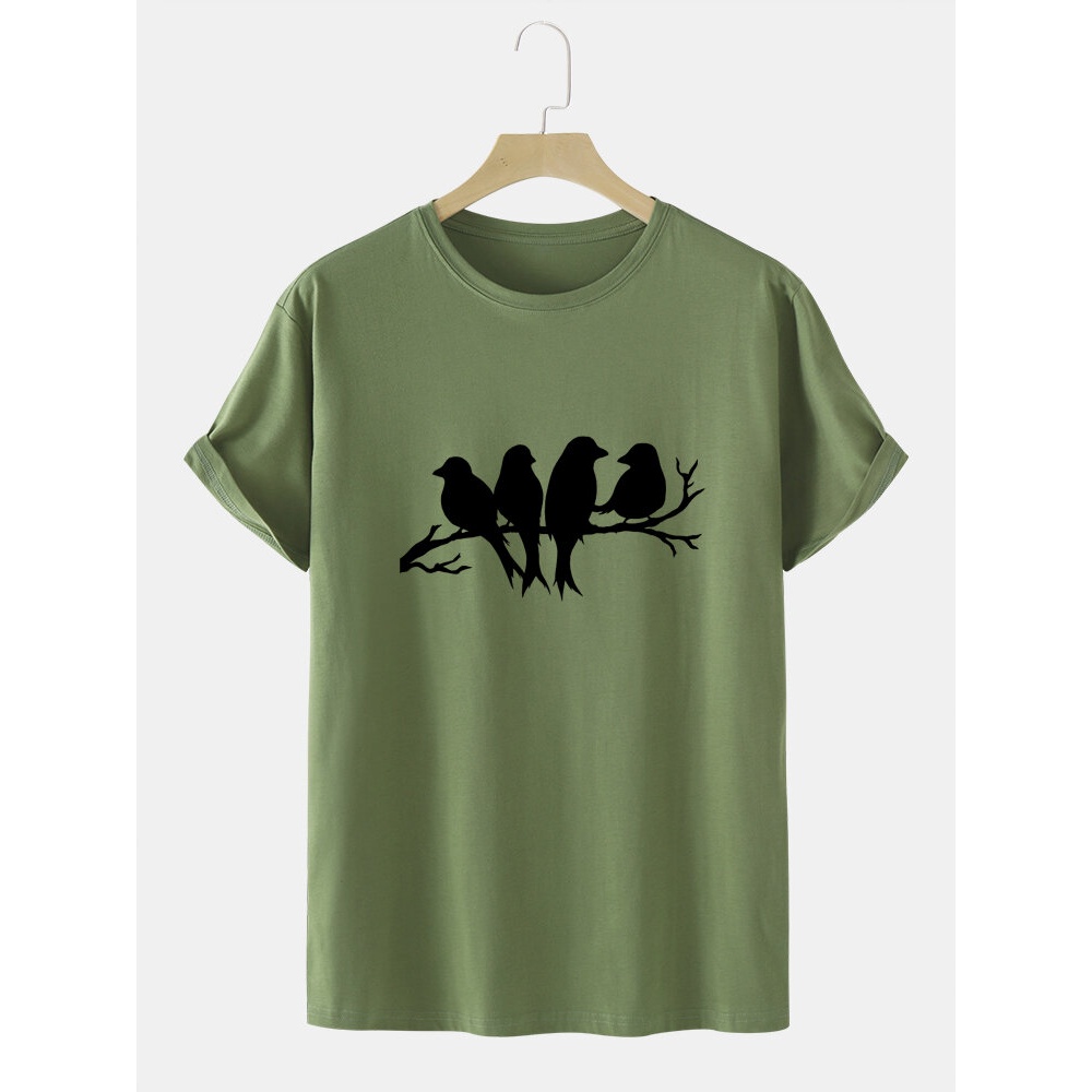 Mens Casual Birds Stained Glass Print Cotton T-Shirts - Black M