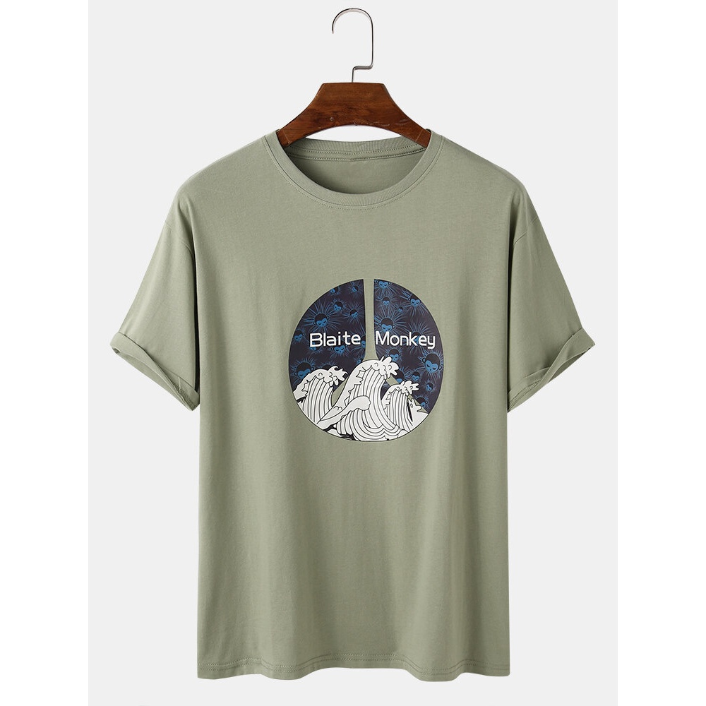 Mens Ukiyo Graphic Print O-Neck Casual Brief Short Sleeve T-Shirt - Green M