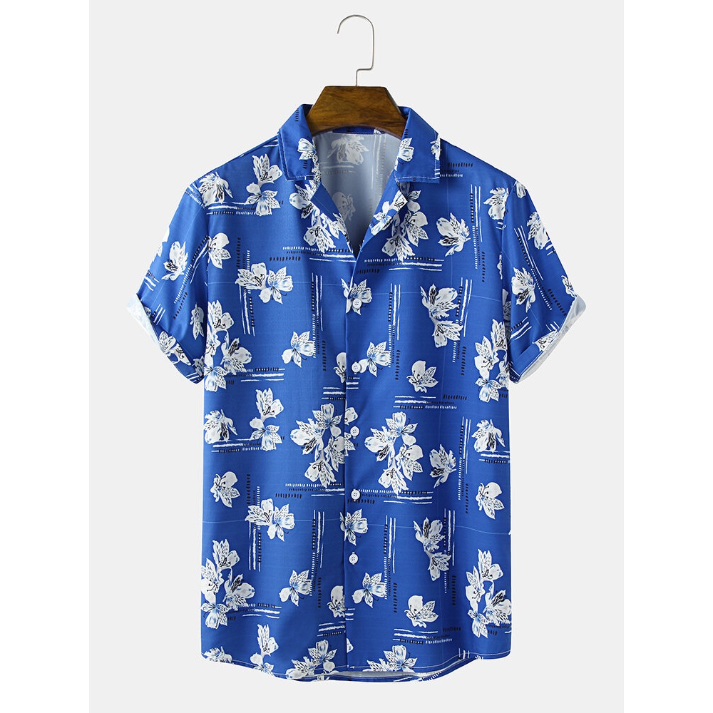 Mens Flower Print Revere Collar Short Sleeve Shirt - Blue S