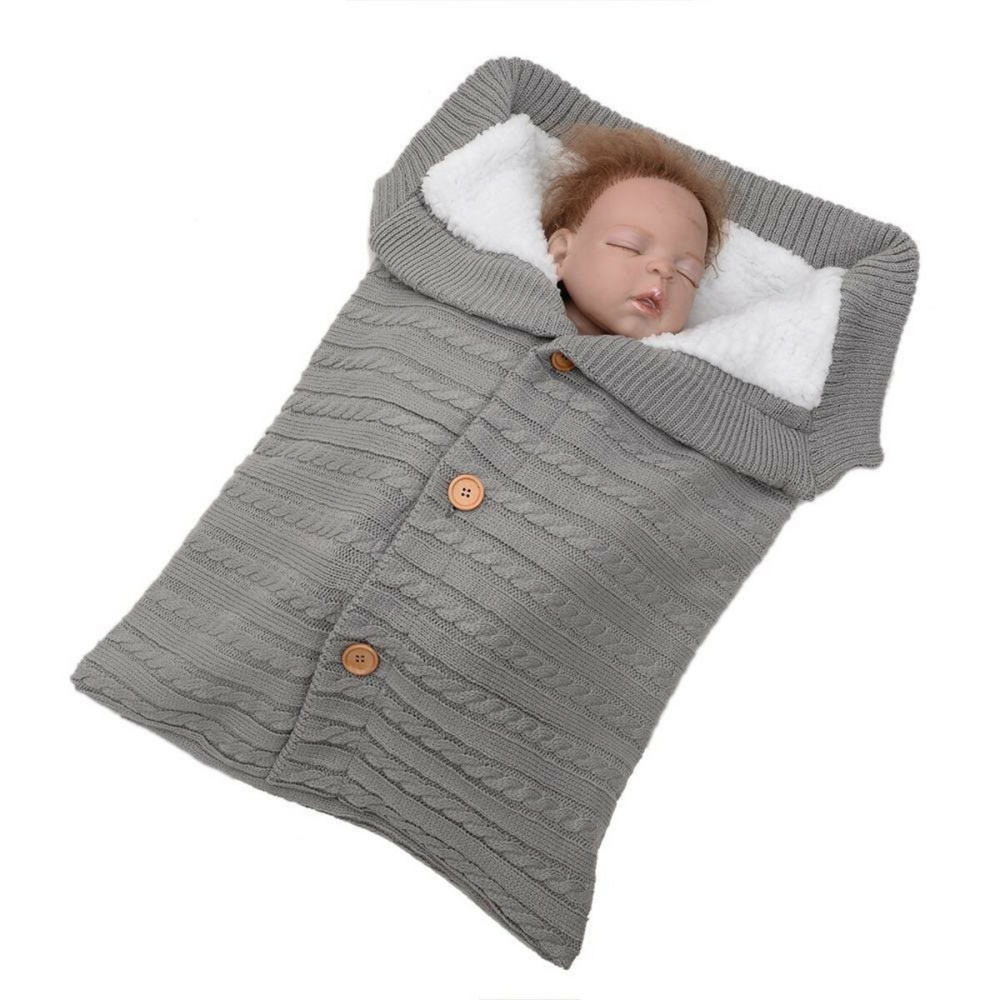 Baby Hooded Swaddle Knit Wrap Blanket Warm Pram Pushchair Stroller Sleeping Bag - Light Grey
