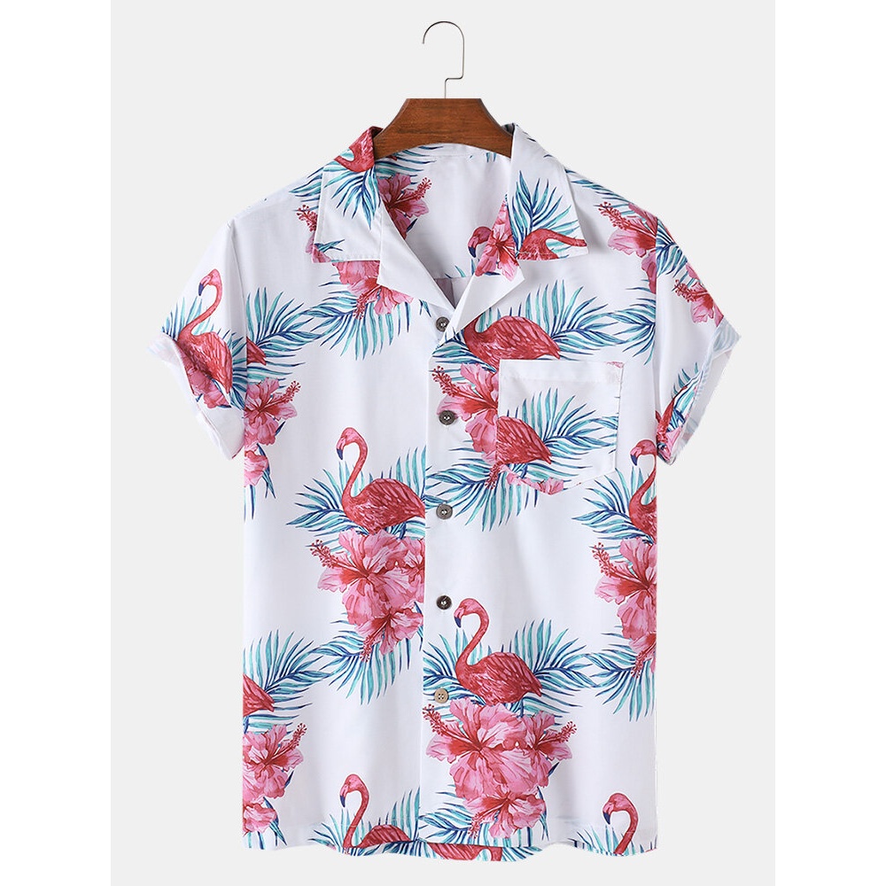 Mens Floral Print Flamingo Pattern Revere Collar Short Sleeve Casual Shirts - White S
