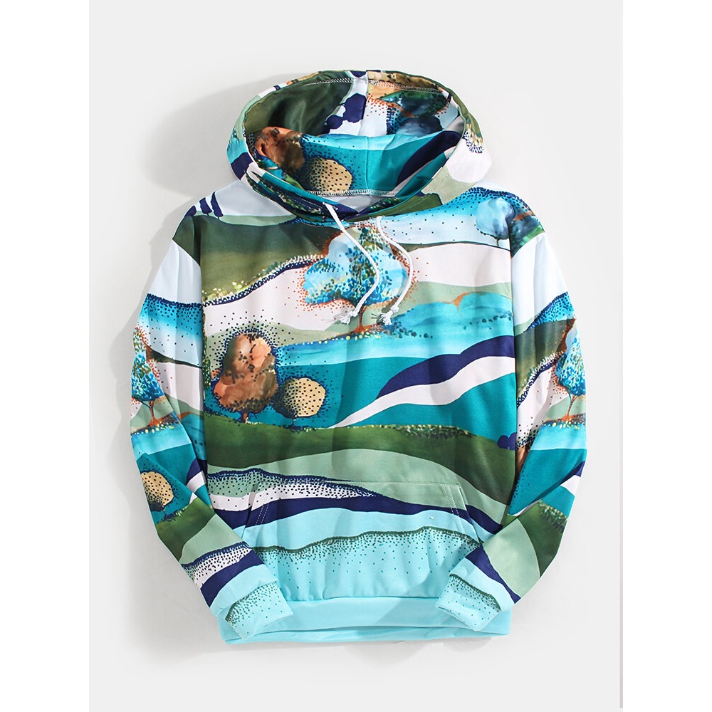 Mens Landscape Print Kangaroo Pocket Long Sleeve Drawstring Hoodies - L 1#