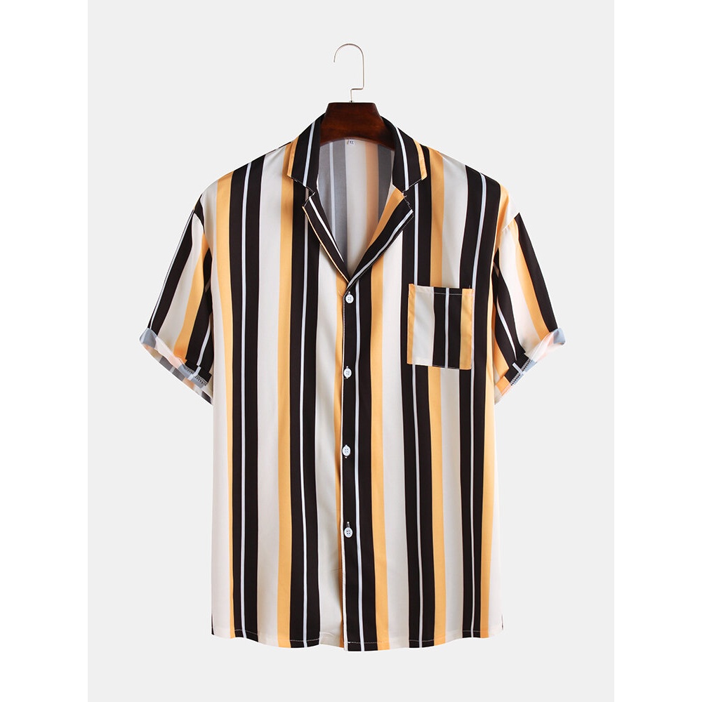 Men Stripe Printed Chest Pocket Short Sleeve Revere Collar - XL Red