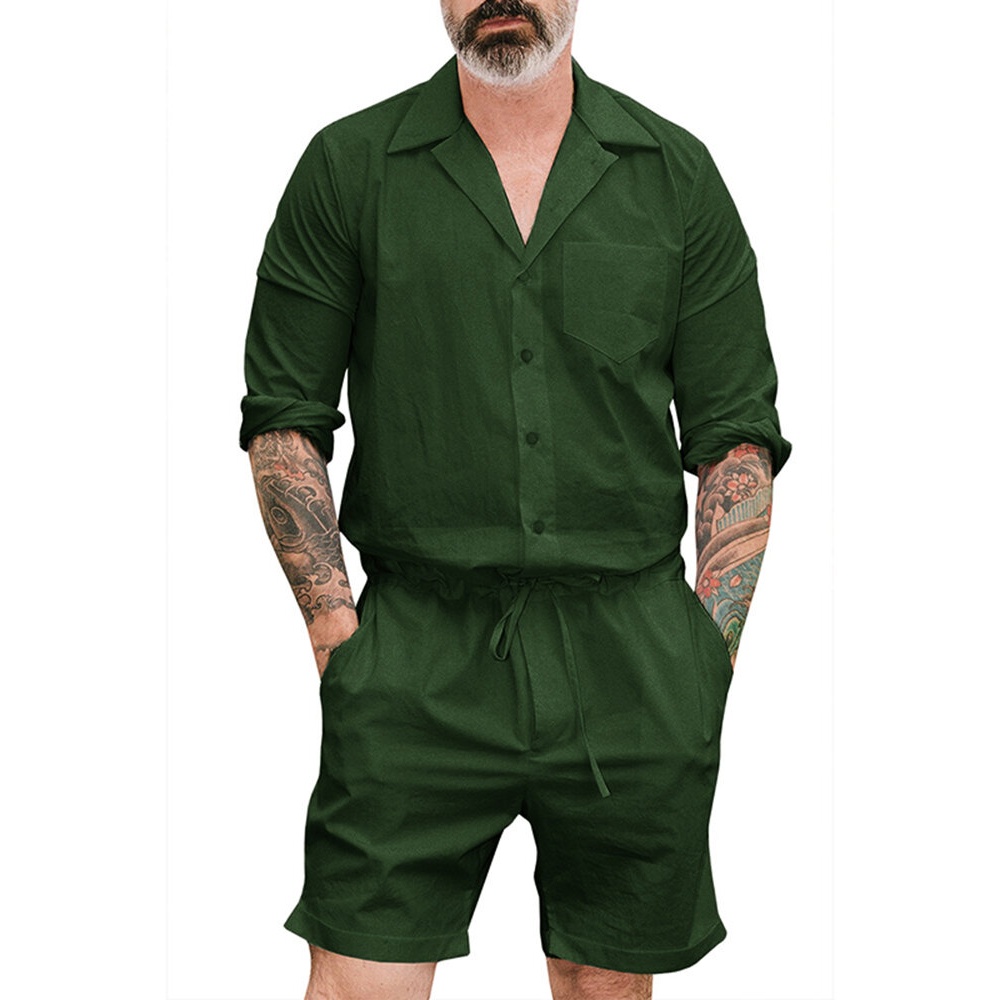 Men Solid Color Drawstring Short Jumpsuit Pants - Army Green 2XL