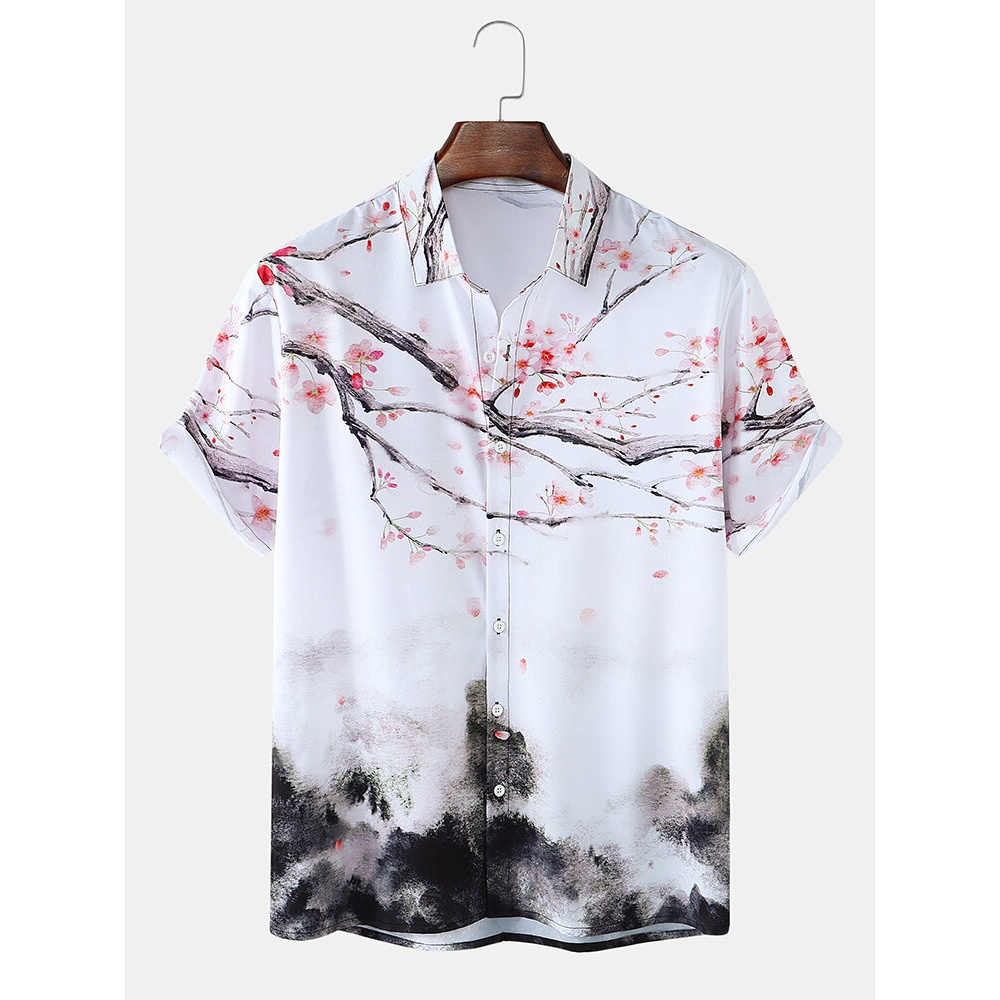 Mens Allover Chinese Painting Print National Style Short Sleeve Shirts - White M