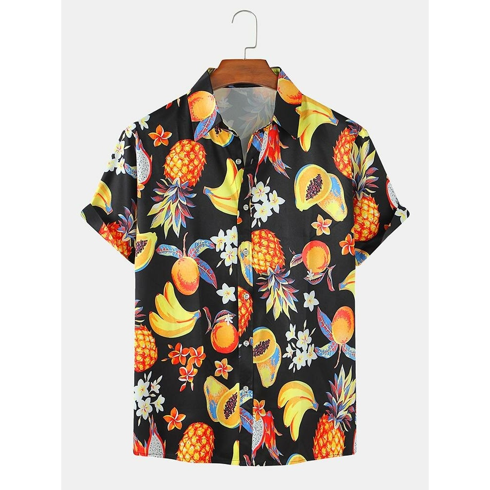 Mens Tropical Fruit Print Light Casual Thin Lapel Short Sleeve Shirts - Black XL
