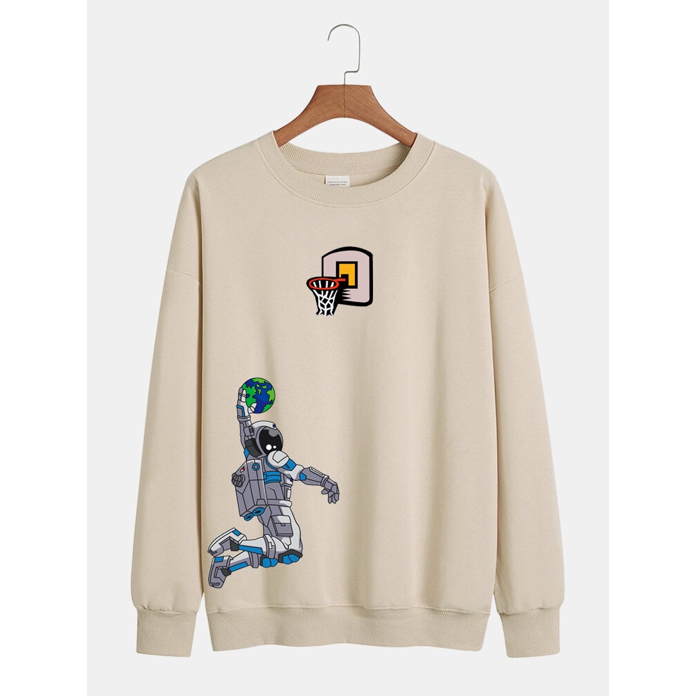 Cotton Mens Deisgn Cartoon Astronaut Print Pullover Long Sleeve Casual Sweatshirts - Black S
