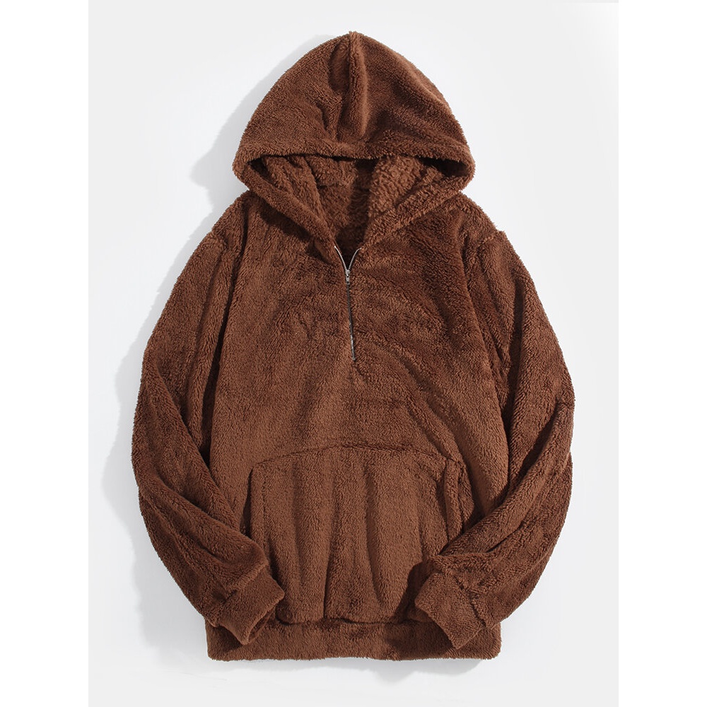Mens Solid Color Fluffy Plush Half Zipper Front Teddy Hoodies With Pocket - White M