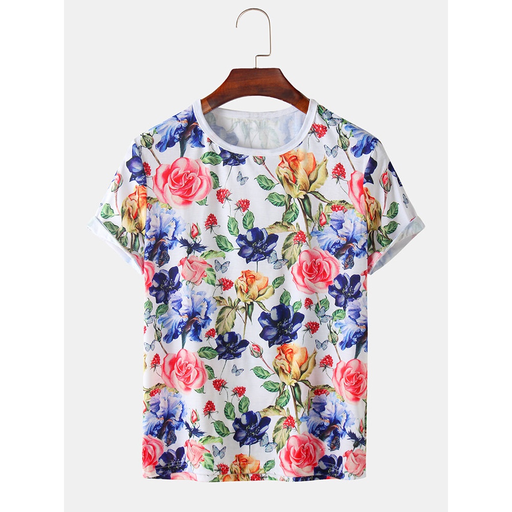 Mens Rose Floral Print Holiday Casual Short Sleeve T-Shirts - White XL