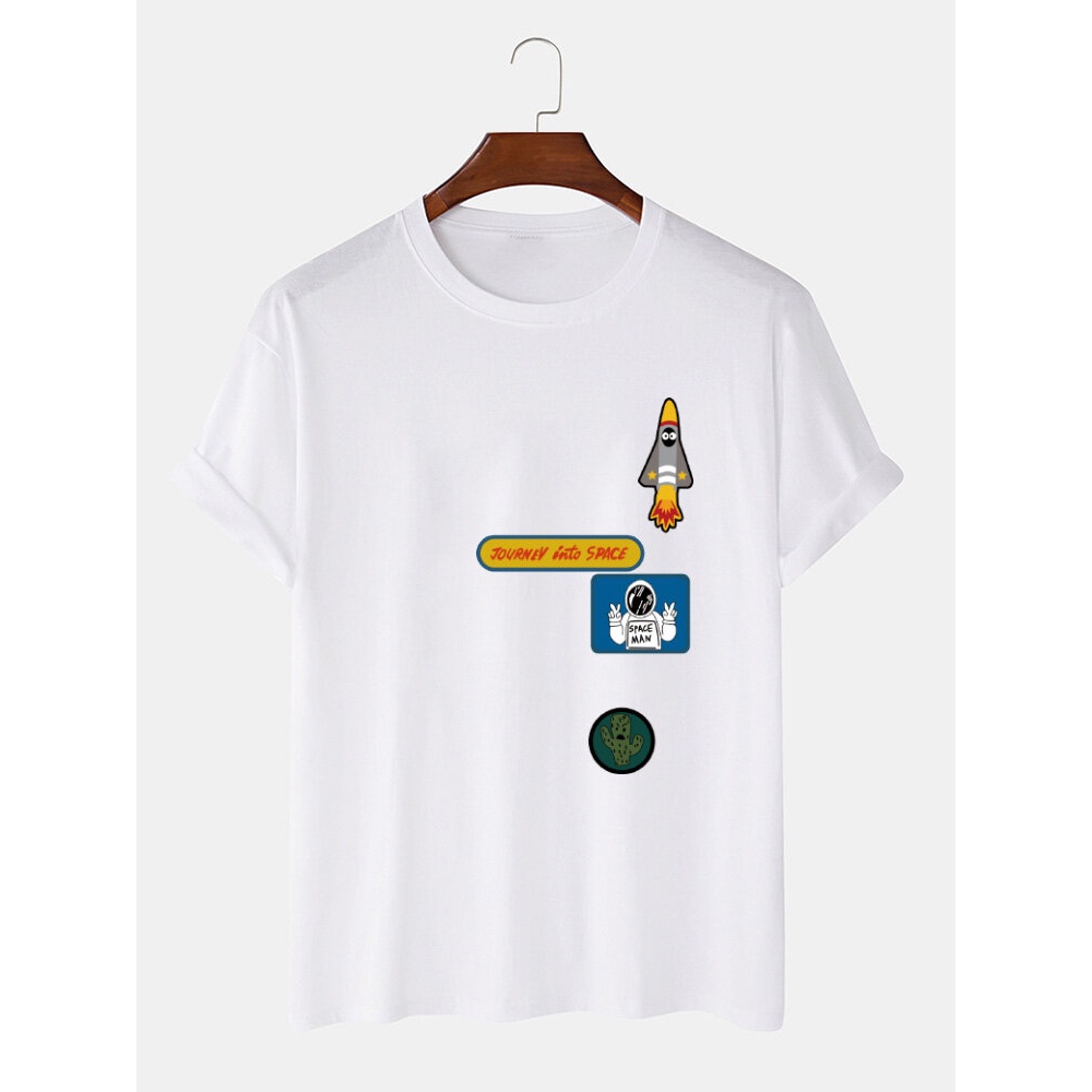 Mens Cartoon Astronaut Rocket Print O-Neck 100% Cotton T-Shirt - Black S