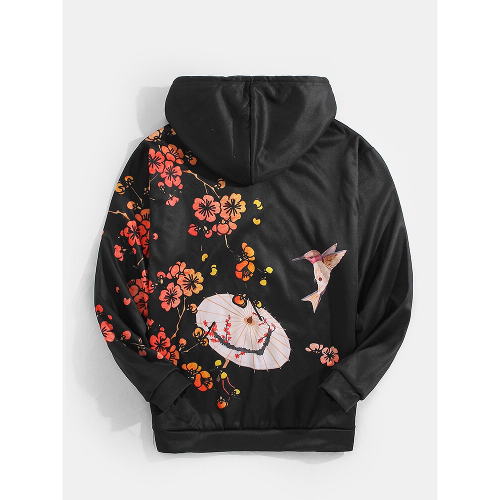 Mens Flroal & Bird Back Print Kangaroo Pocket Black Long Sleeve Ethnic Style Hoodies - XL Black