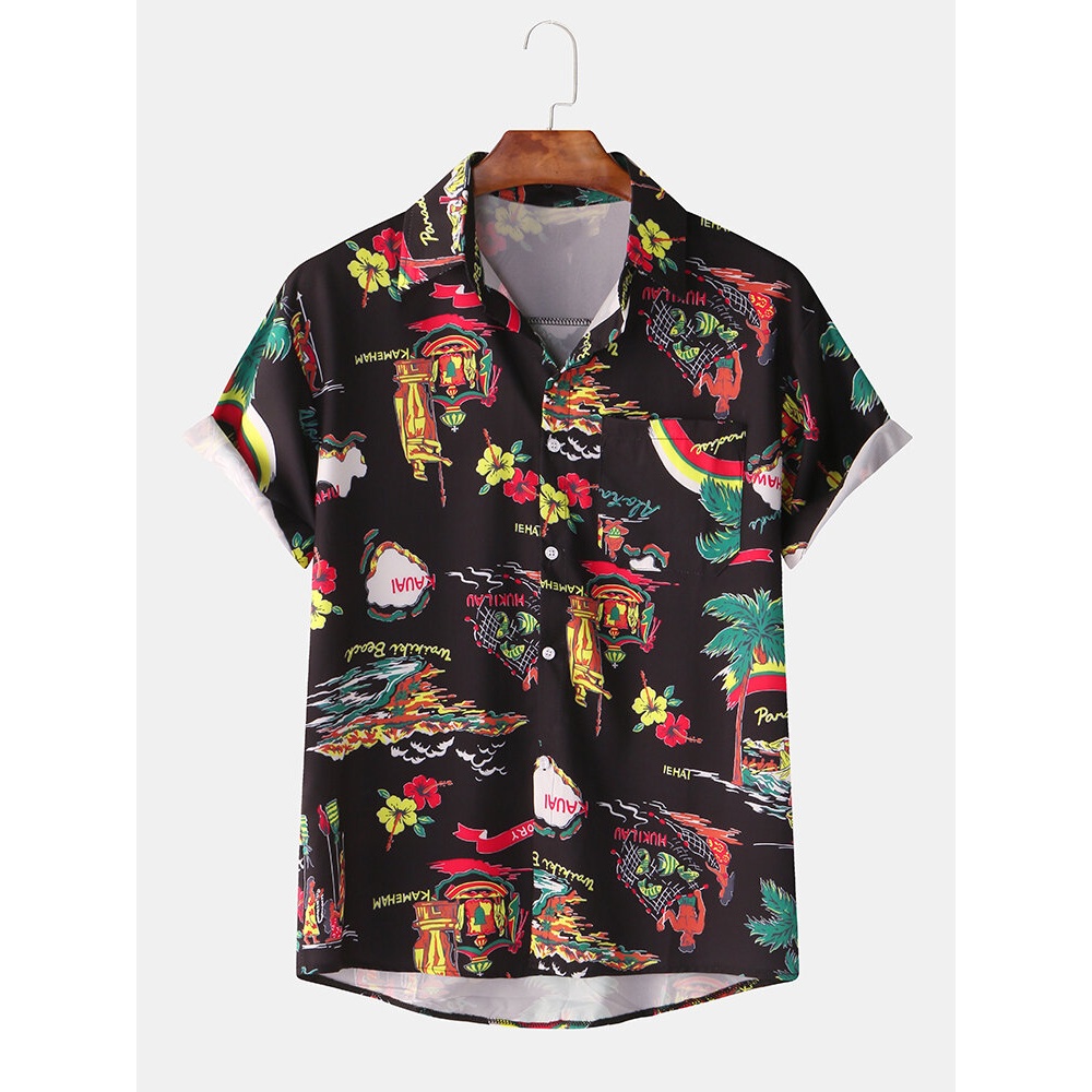 Mens New Fashion Casual Summer Hawaii Beach Short Sleeve Print Shirts - Black XL