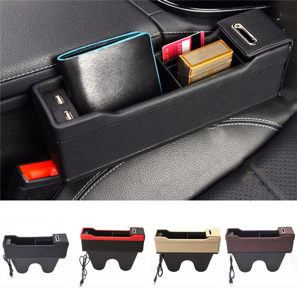 Car Right Seat Crevice Gap Leather Phone ID Card Key Storage Coin Box Car Cradles Organizer with Dual USB Ports - Black+Red - Image 2