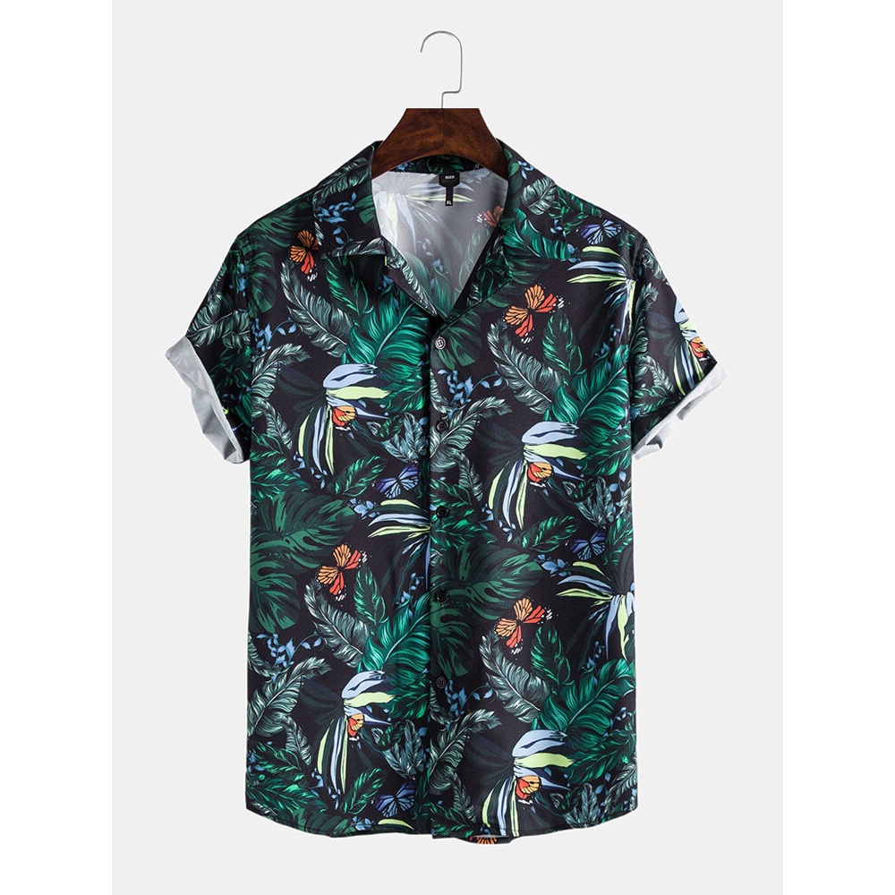 Mens Holiday Butterfly Leaf Printed Lapel Collar Short Sleeve Shirts - Black L