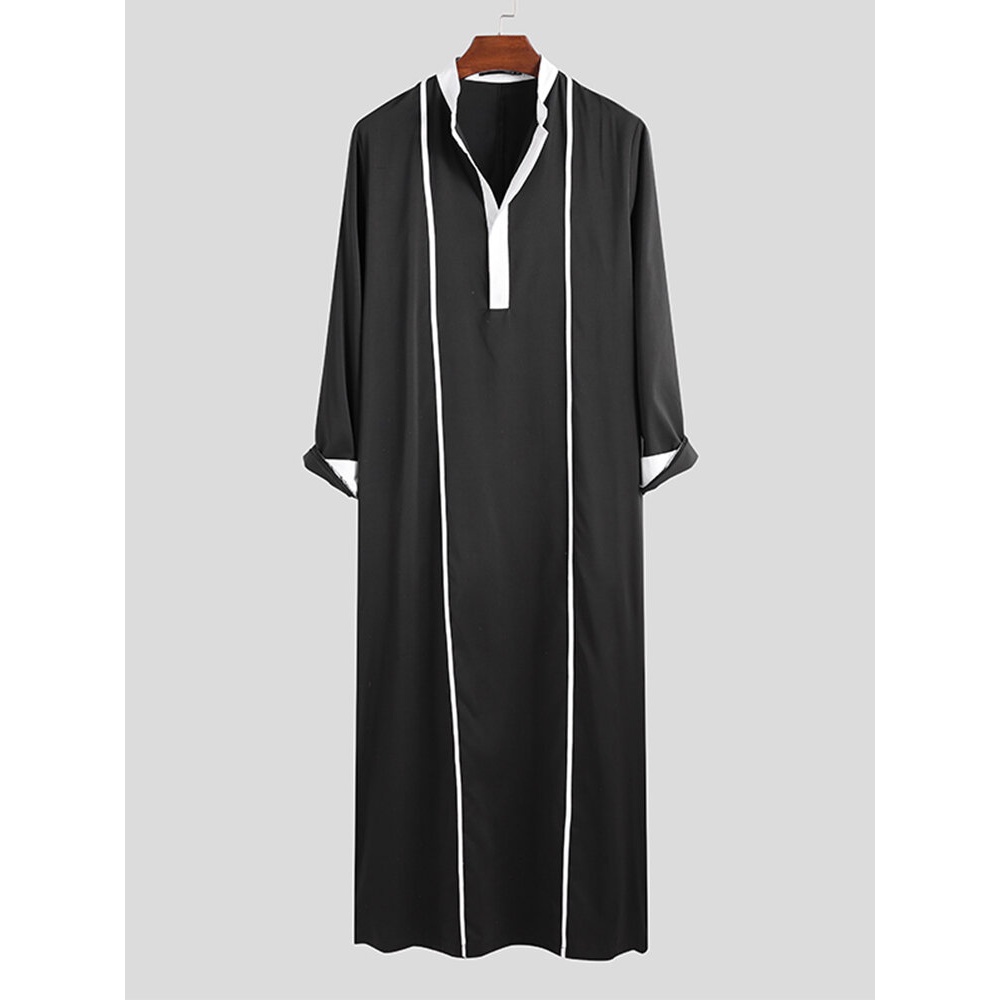 Men Black White Stitching Color Long Sleeve Kaftan Shirts - S Black