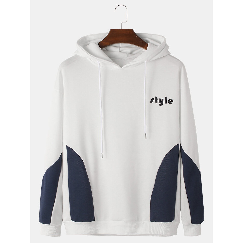 Mens Stitching Color Block Brief Style Loose Drawstring Hoodie - White M