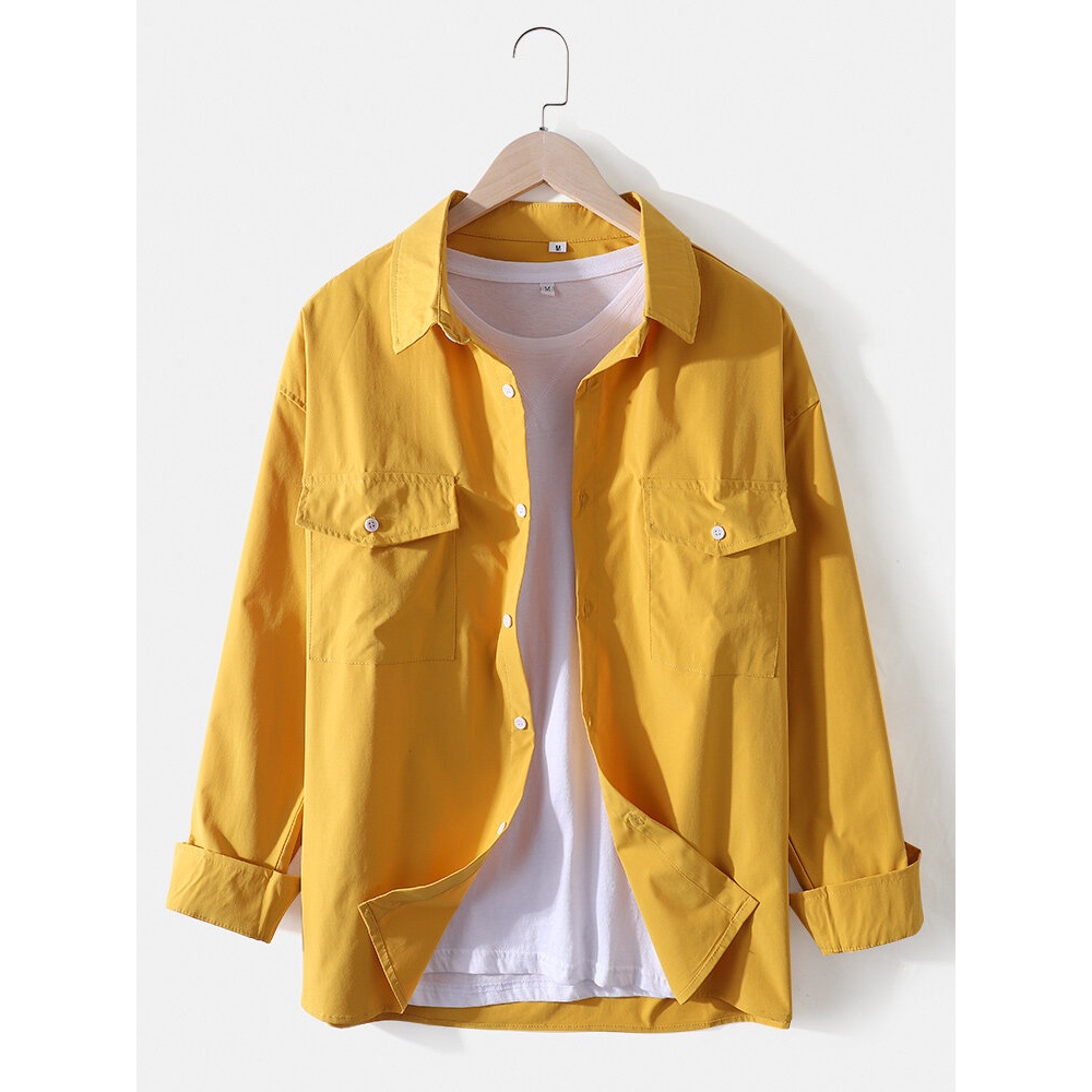 Mens Cotton Solid Color Loose Long Sleeve Shirts With Flap Pockets - Khaki M