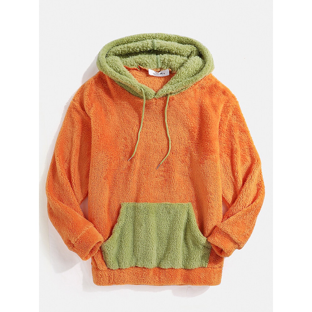 Mens Fluffy Patchwork Cozy Drawstring Hoodie With Pocket - Orange S