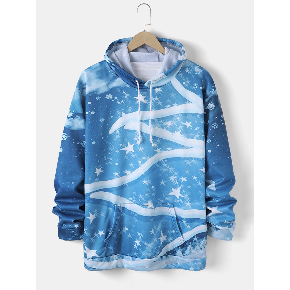 Mens  All Over Stars Snowflake Print Casual Drawstring Hoodies - Blue L