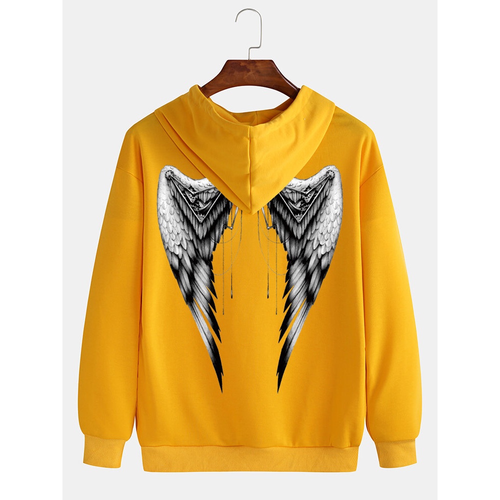 Mens Wing Print Long Sleeve Bodycon Hem Simple Hoodies - Black L