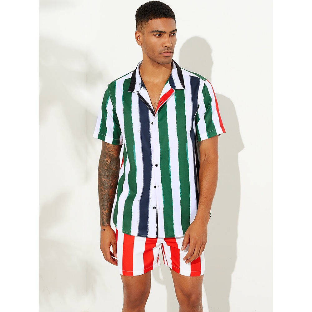 Mens Hit Color Stripe Printed Turn Down Collar Short Sleeve Loose Shirts - M As Picture