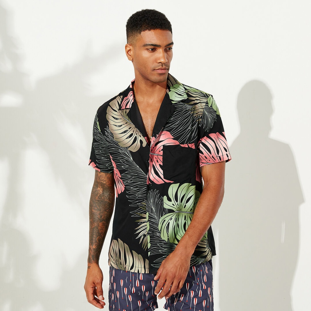 Men Monstera Print Short Sleeve Hawaiian Shirts - M Orange