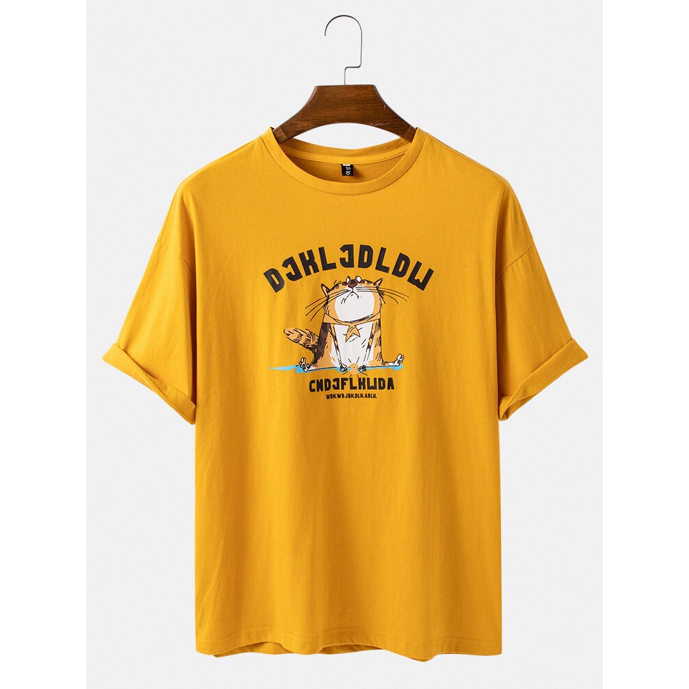 Cotton Funny Cartoon Animal Print Round Neck Casual Sleeve T-Shirts - White S