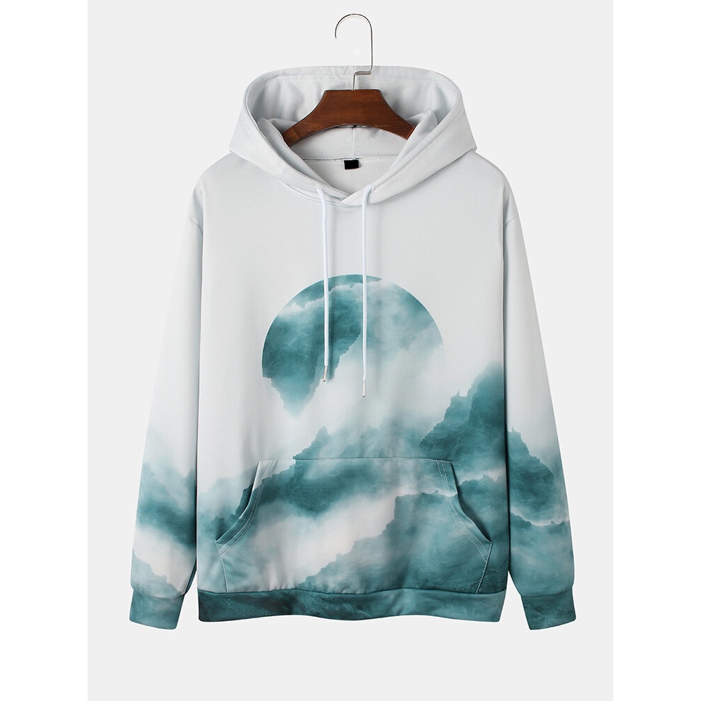 Mens Mountain Scenery Printing Casual Drawstring Hoodies With Pouch Pocket - White L