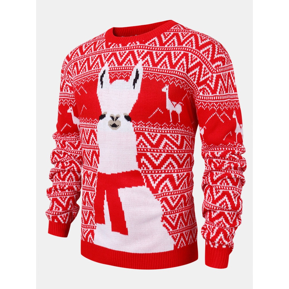 Mens Cartoon Alpaca & Geometry Knitted Warm Pullover Sweaters - Red S