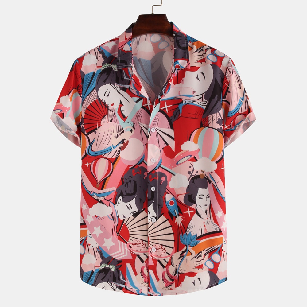 Men Ancient Women Character Print Summer Short Sleeve Lapel - XL #1