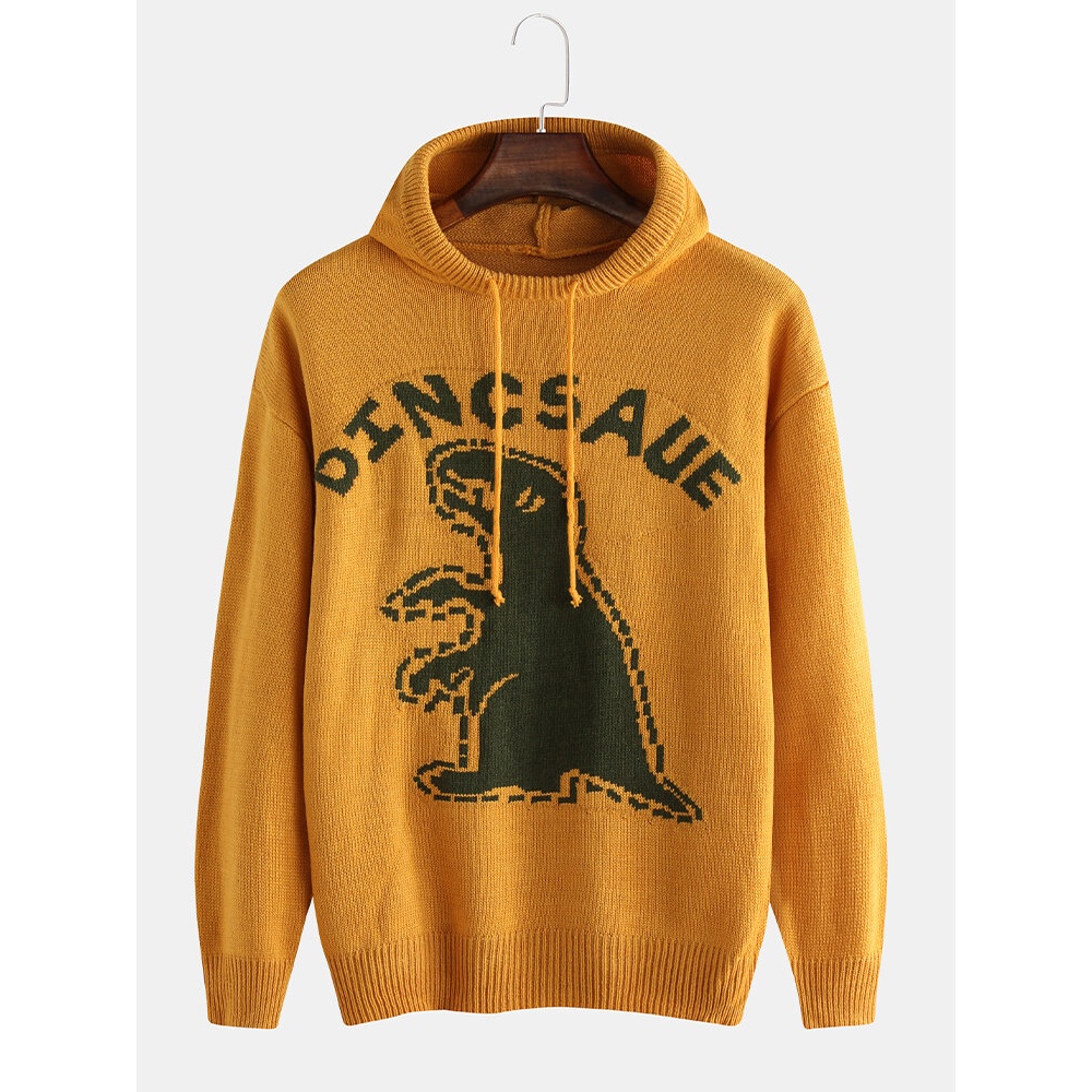 Mens Cartoon Dinosaur Letter Print Casual Loose Knitted Hooded Sweater - XS Yellow