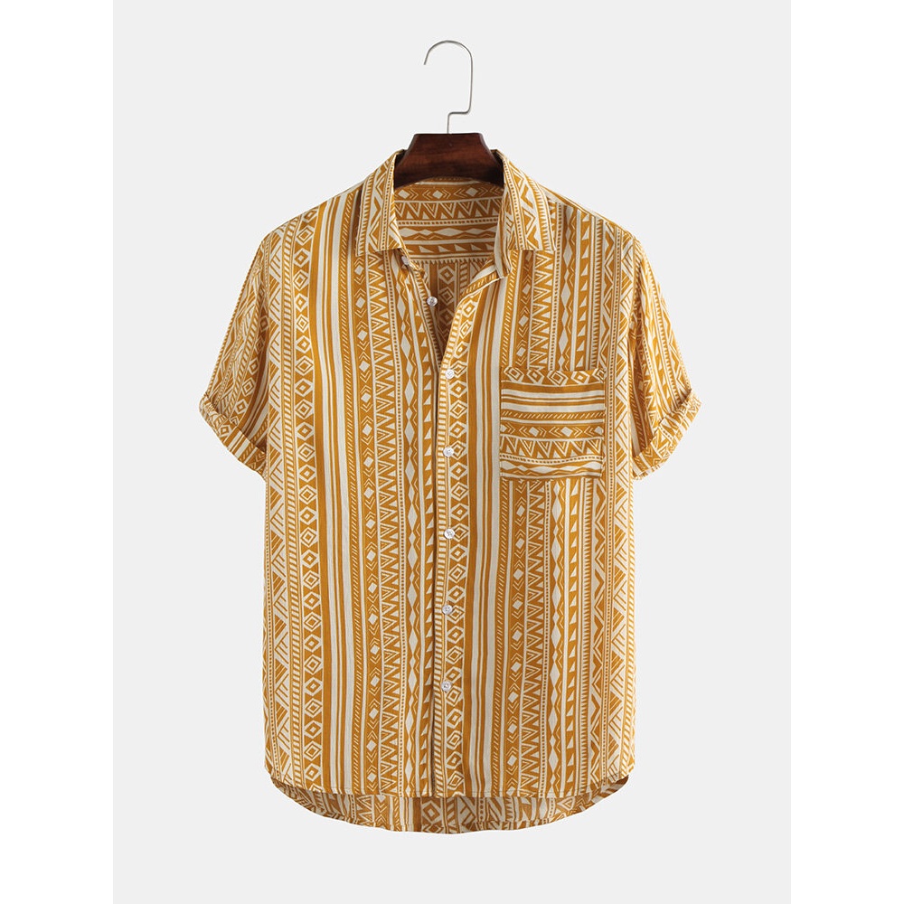 Mens Vintage Summer Pattern Stripe Printed Pocket Shirts - 2XL Yellow