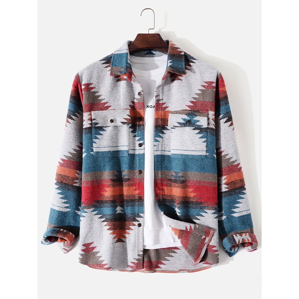 Men  Tree Chest Pockets Button Long Sleeve Lapel Shirt - Grey S